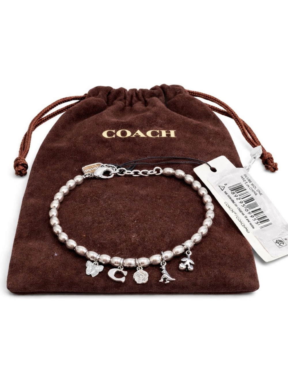 COACH Butterfly and Rexy Charm Silvertone Pearl Bracelet NWT